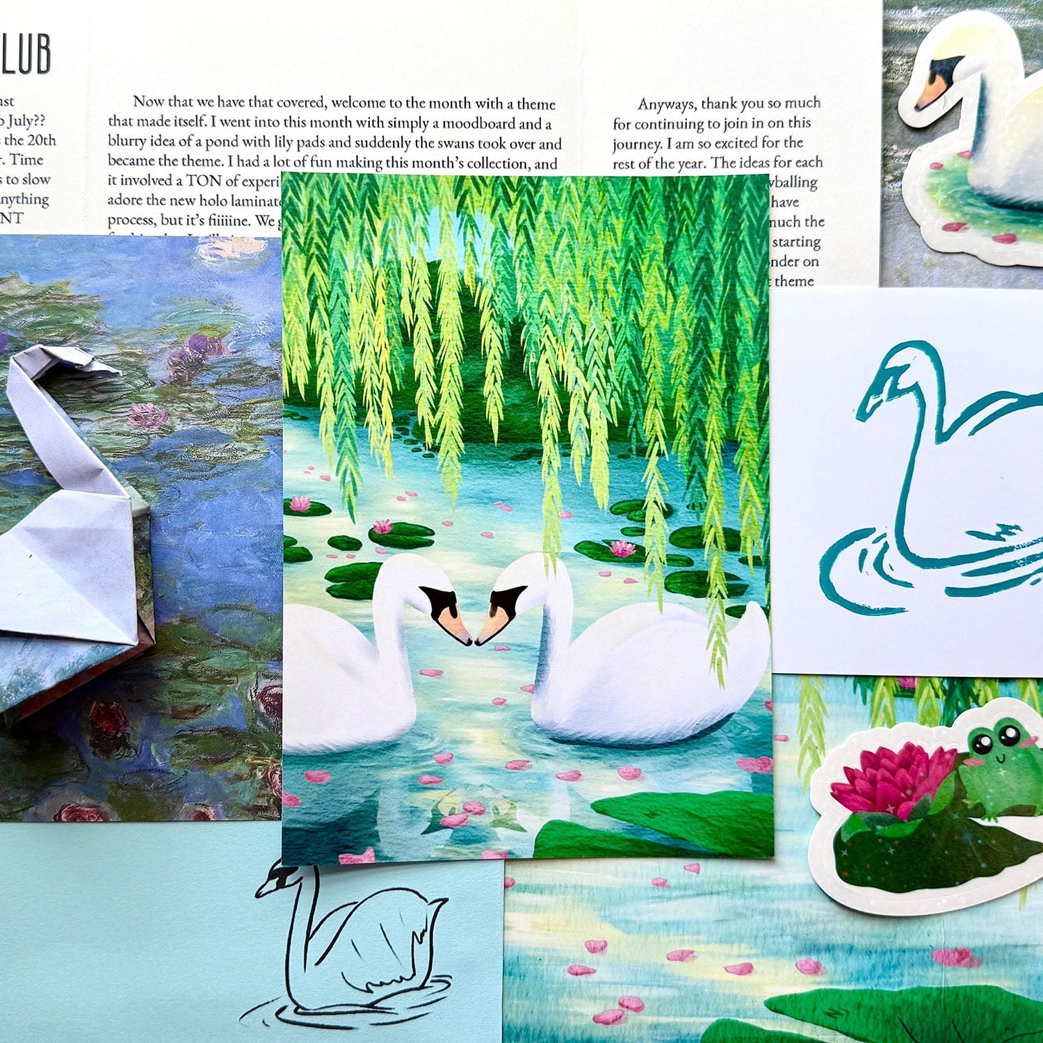 A collage of illustrated swan-themed artwork and printed pages, including a central painting of two white swans on a pond with green willows, a blue swan line drawing, a frog on a lily pad sticker, and several printed text pages.