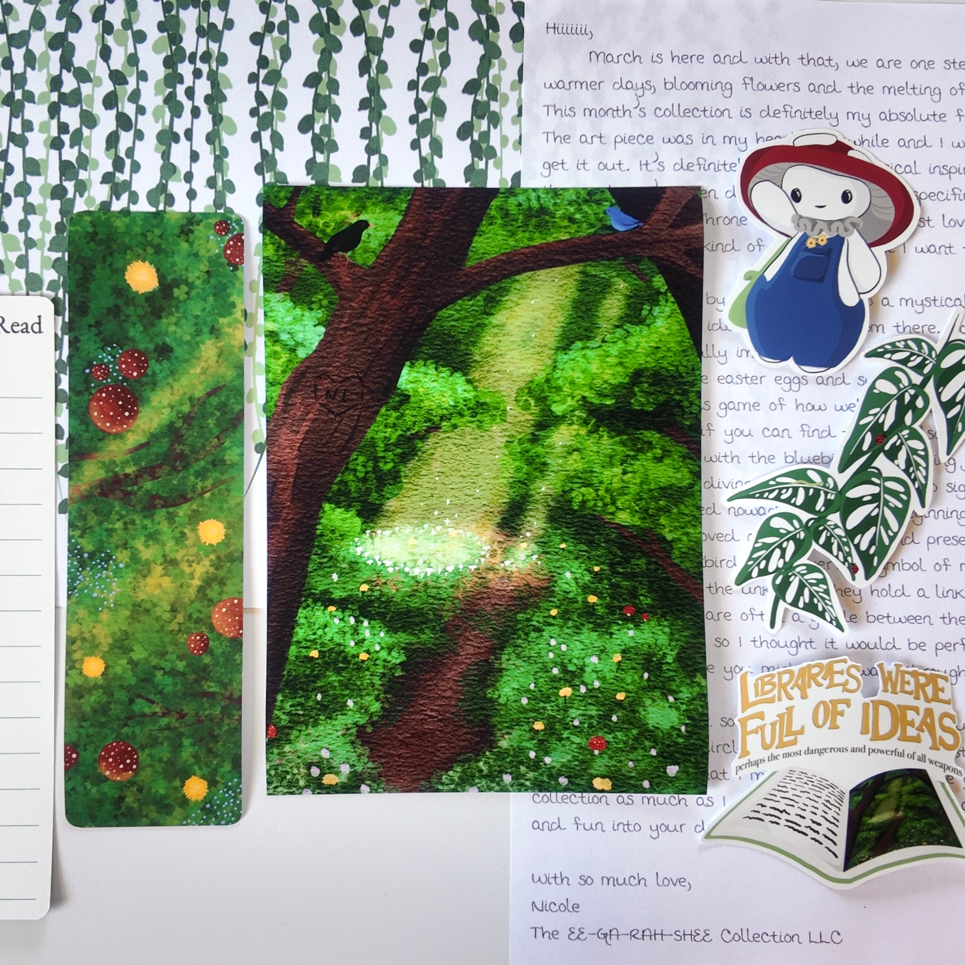 Artistic depiction of a forest scene with a tree and foliage, surrounded by text and other elements.