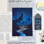 Collage with mountain scene, text, and decorative elements on a white background