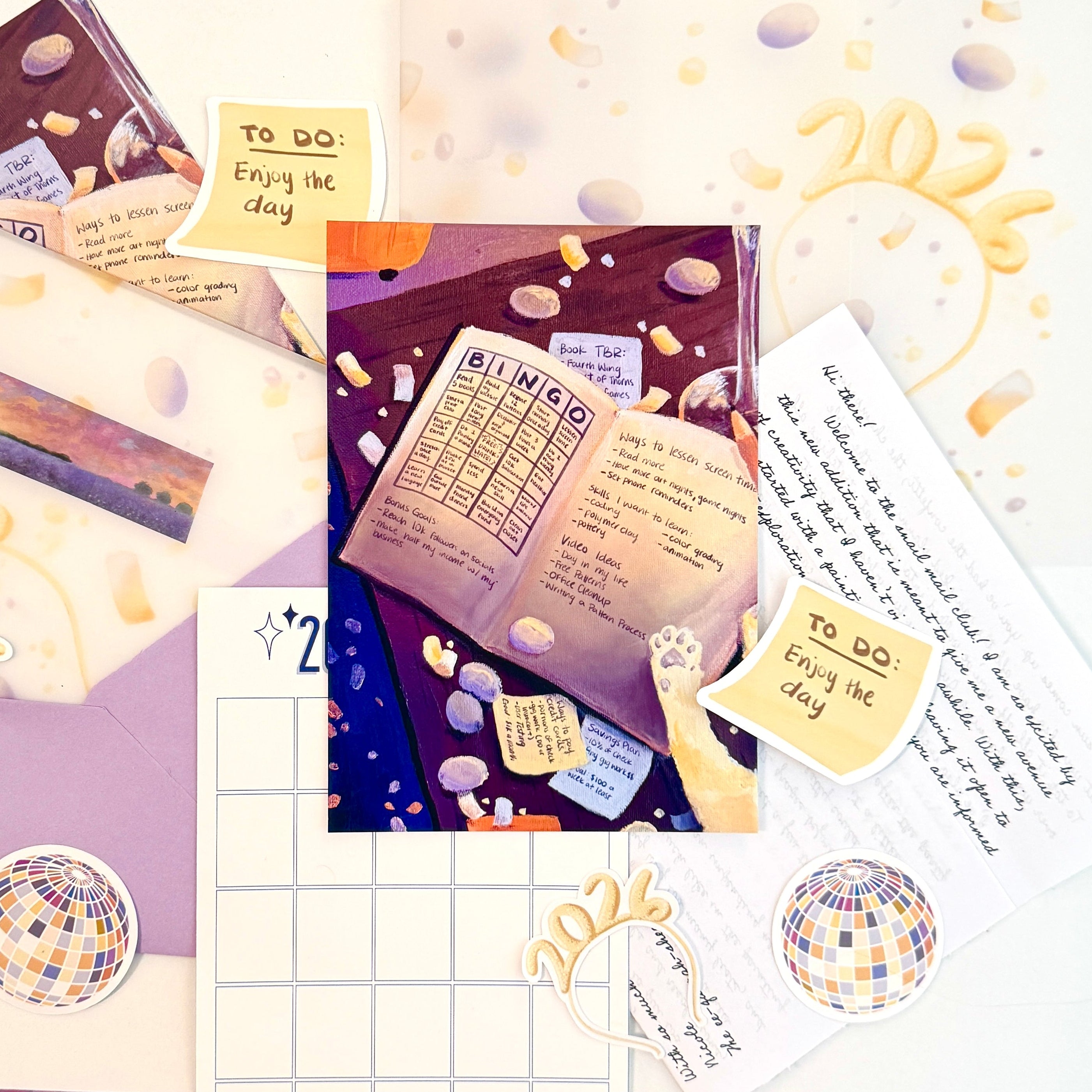 Collection of stationery items including envelopes, cards, and stickers on a white background