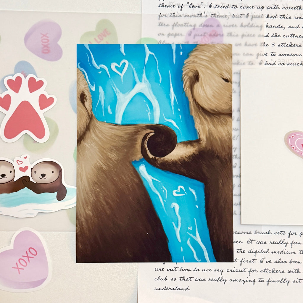 Collage of otters floating down a river painting, stickers, and handwritten text on a light background.