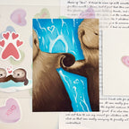Collage of otters floating down a river painting, stickers, and handwritten text on a light background.