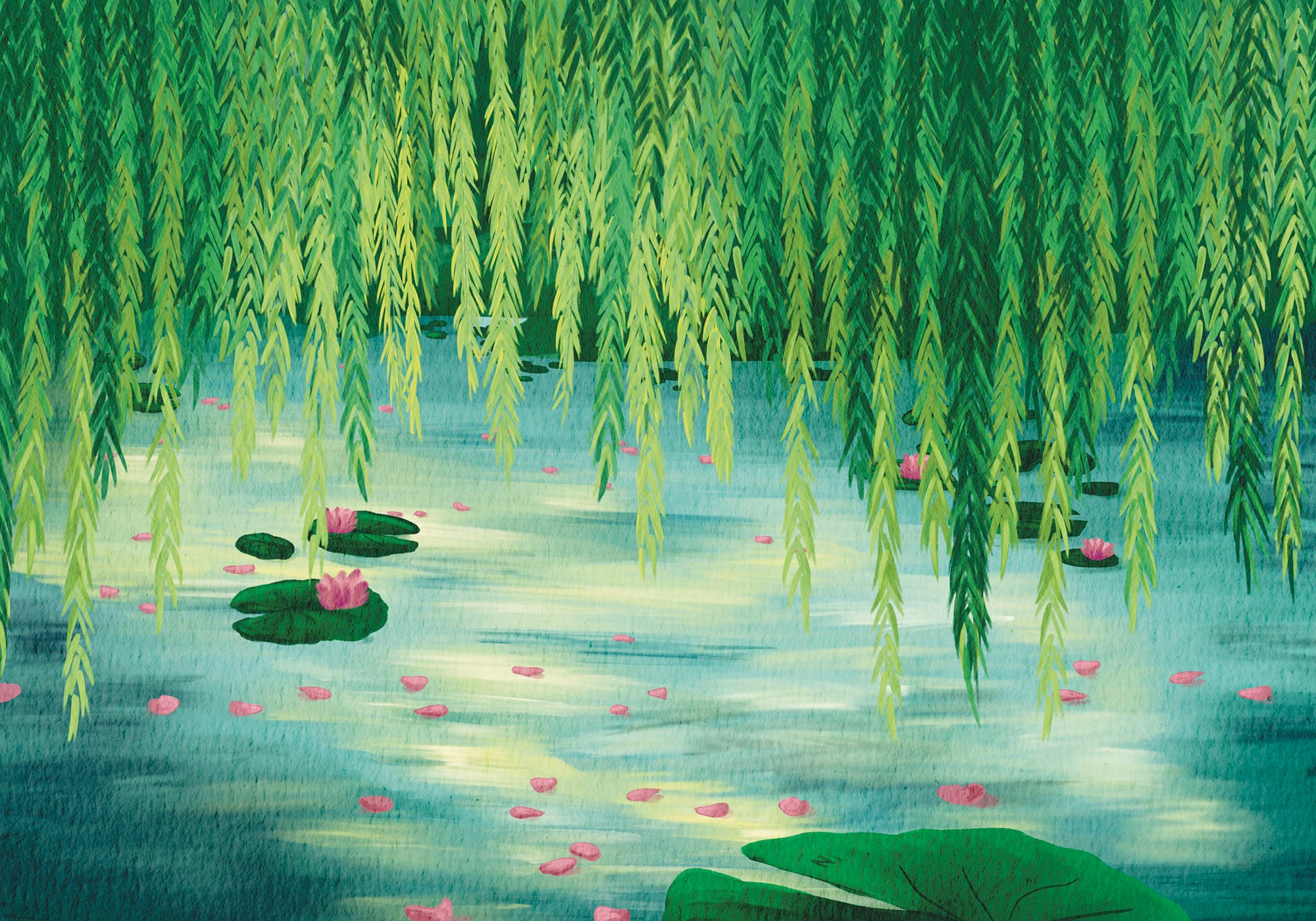 panted background of a lake with lily pads and willow vines