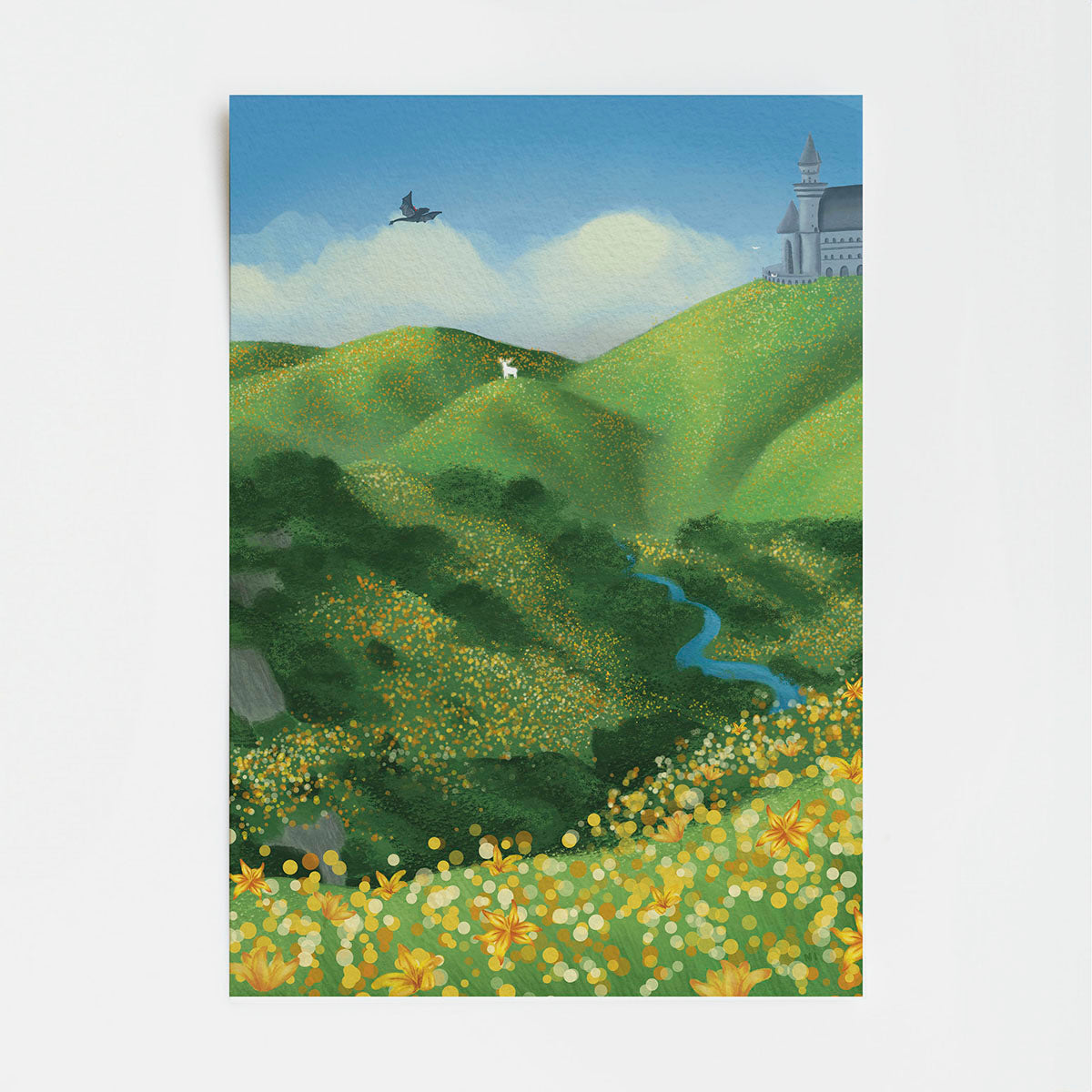 Painting of a landscape with green hills, a river, and a castle.