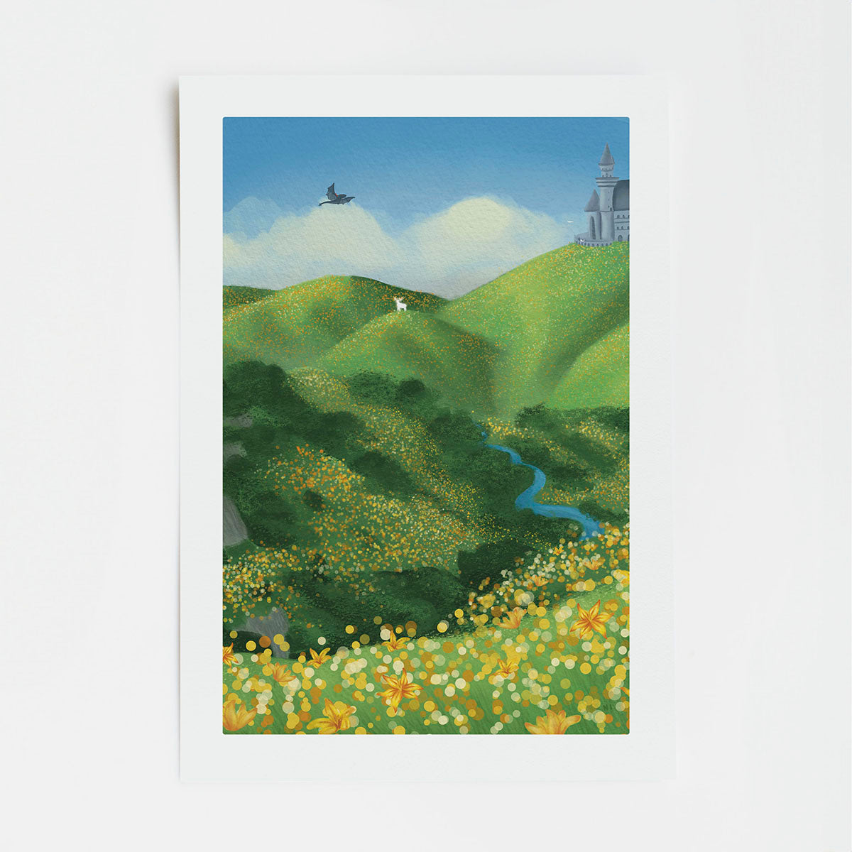 Landscape painting of green hills with a river, flowers, and a castle on a white background