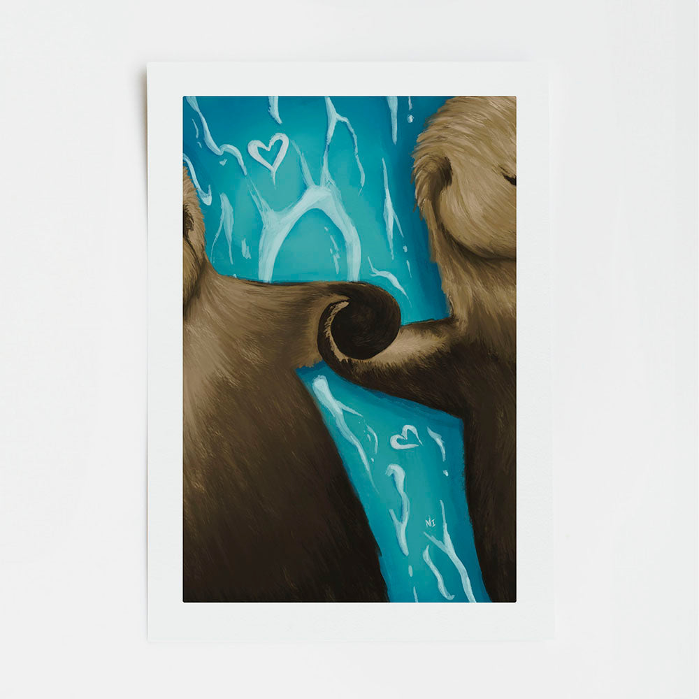 otters floating down a river with heart seafoams
