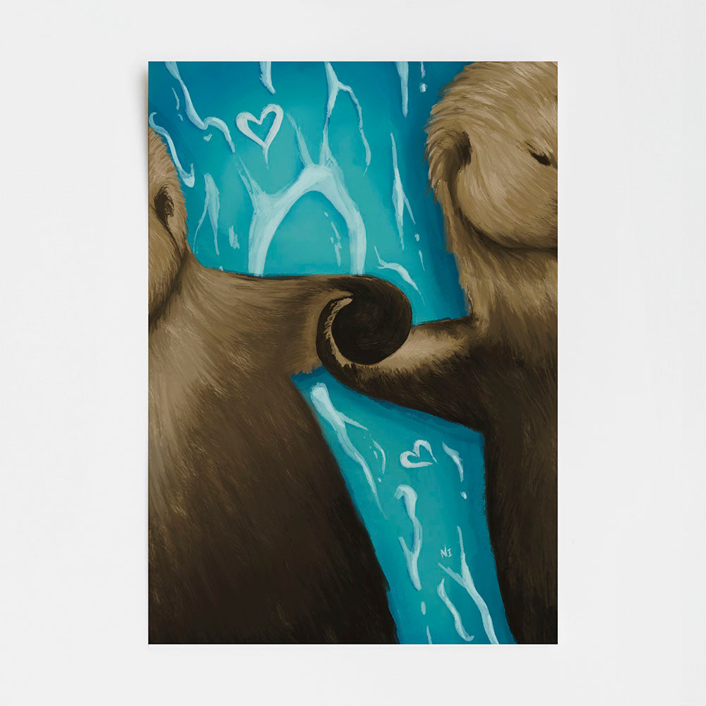 otters floating down a river with heart seafoams