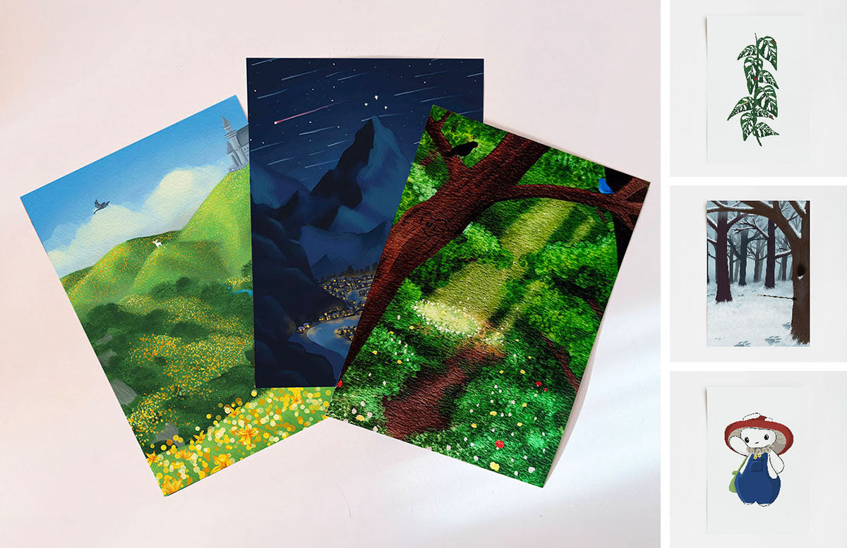 a collage of photos displaying different art prints. Main image has three fantasy prints