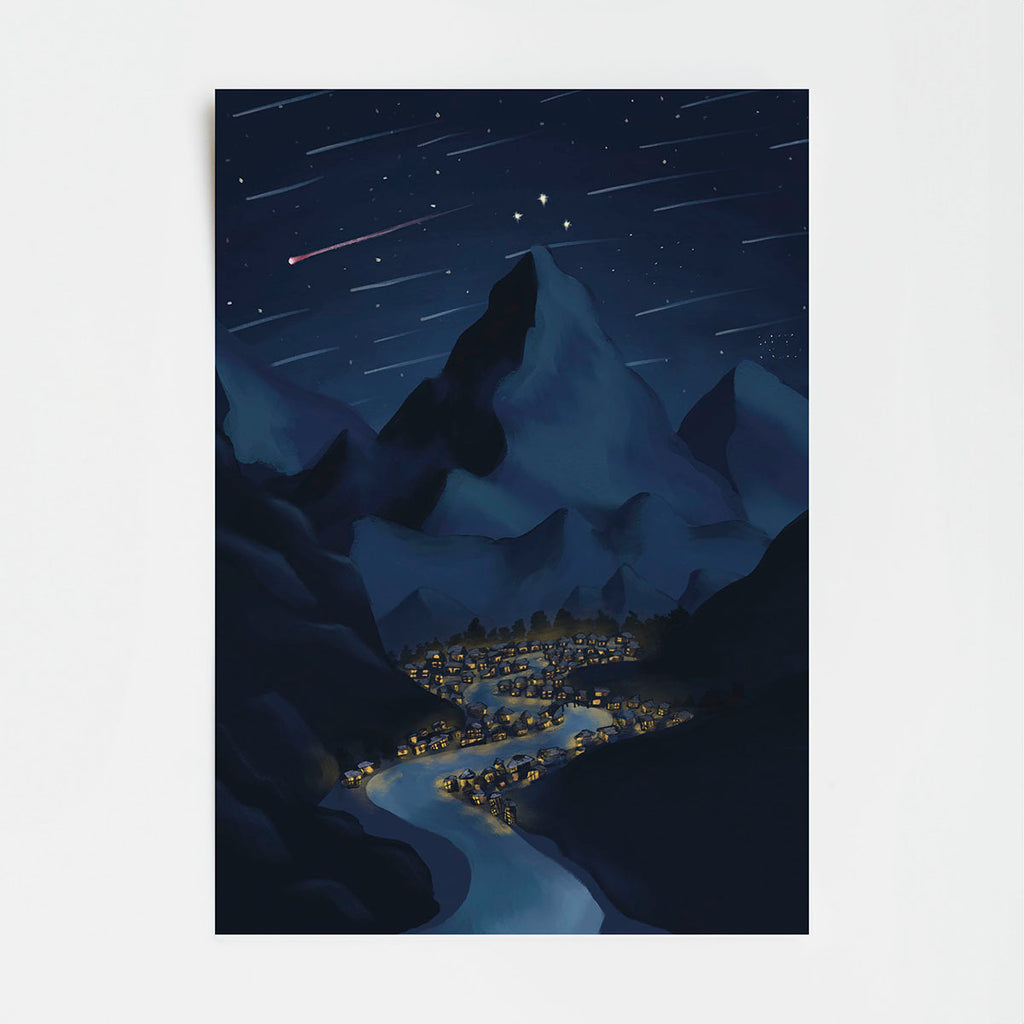 Mountainous landscape at night with a starry sky and a small town below.