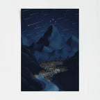 Mountainous landscape at night with a starry sky and a small town below.