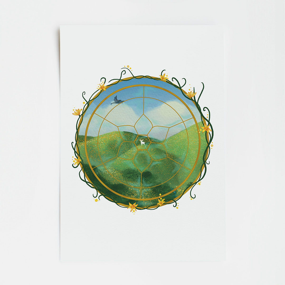 Decorative circular design with a landscape scene on a white background